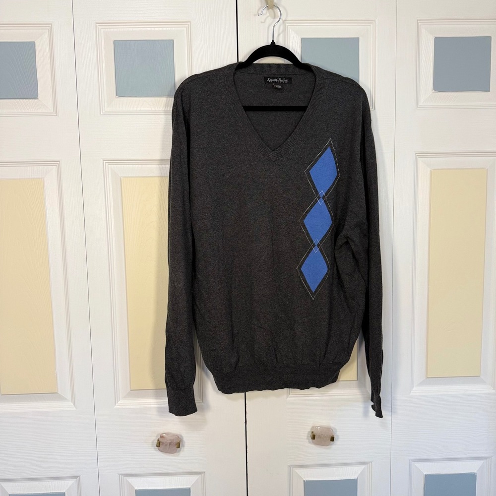 Kenneth Roberts Platinum Mens XL Gray V-Neck Cotton Cashmere Diamond Sweater